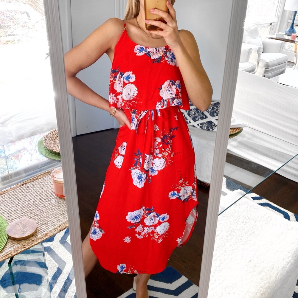 ❤️ YIDARTON BOHO RED MULTI FLORAL SLIT MIDI DRESS!